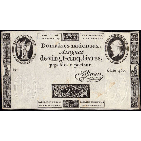 Assignat 22a - 25 livres - 16 décembre 1791 - Série 436 - Etat : TTB