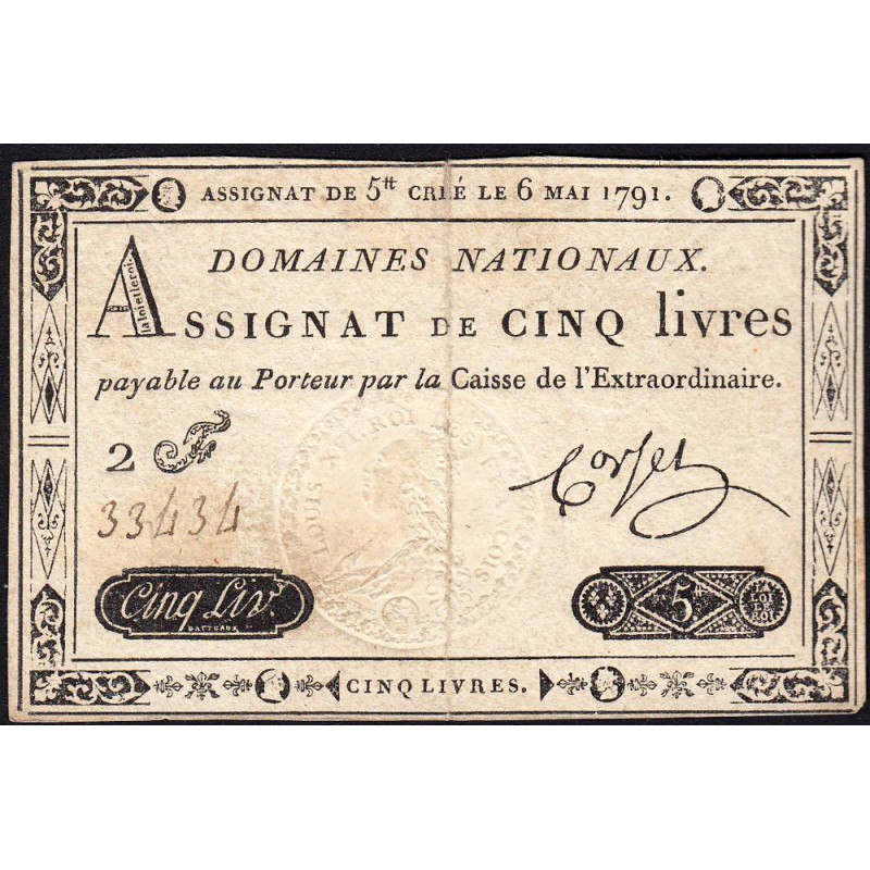 Assignat 12a - 5 livres - 6 mai 1791 - Série 2F - Etat : TTB+