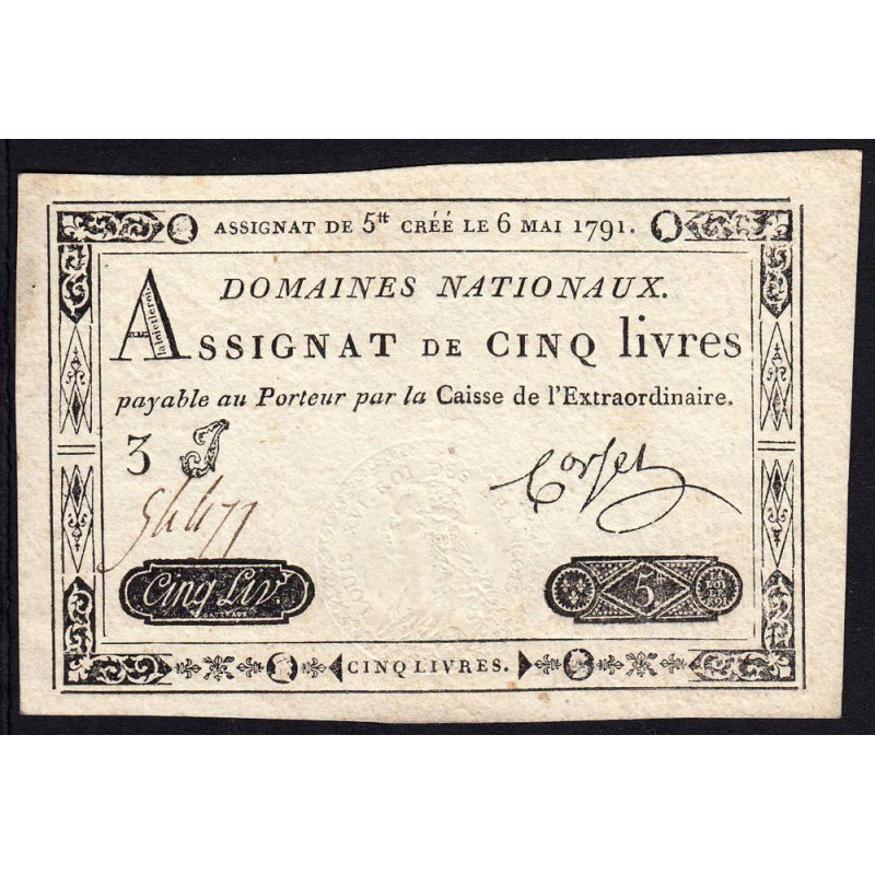 Assignat 12a - 5 livres - 6 mai 1791 - Série 3J - Etat : SUP+