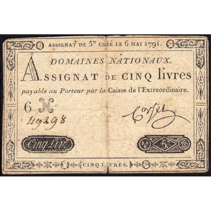 Assignat 12a - 5 livres - 6 mai 1791 - Série 6H - Etat : TB