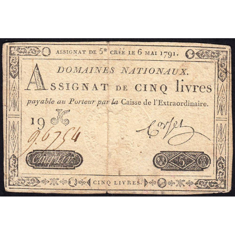 Assignat 12a - 5 livres - 6 mai 1791 - Série 19K - Etat : TB