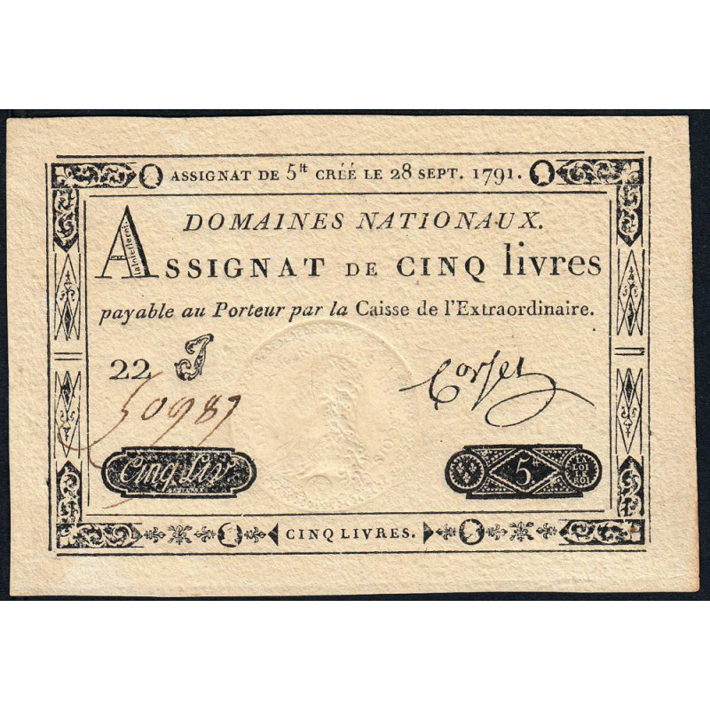 Assignat 19a - 5 livres - 28 septembre 1791 - Etat : NEUF