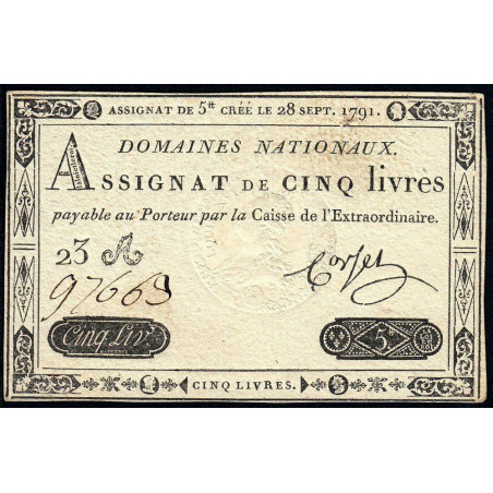 Assignat 19a - 5 livres - 28 septembre 1791 - Etat : SPL