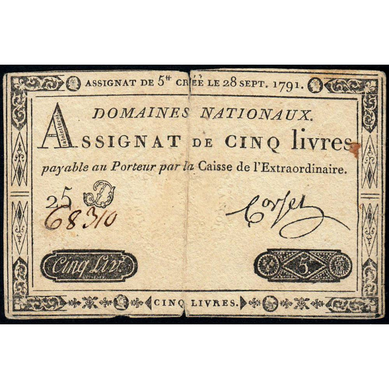 Assignat 19a - 5 livres - 28 septembre 1791 - Série 25D - Etat : TB-