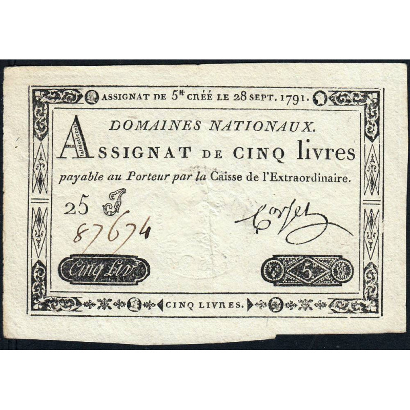 Assignat 19a - 5 livres - 28 septembre 1791 - Série 25J - Etat : SUP