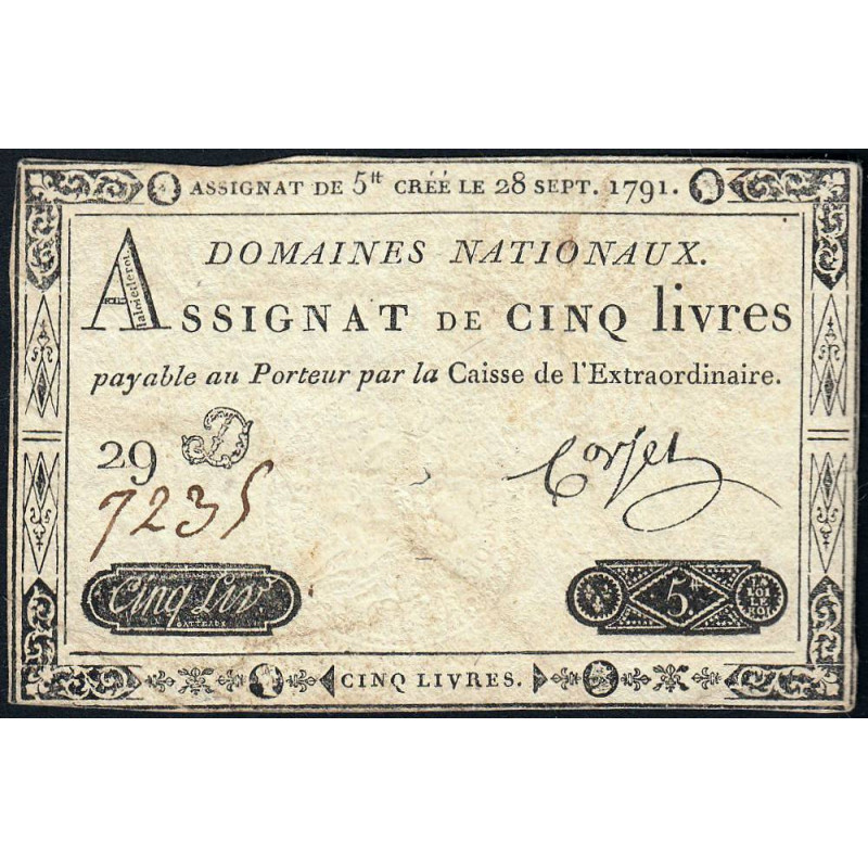 Assignat 19a - 5 livres - 28 septembre 1791 - Etat : TB+