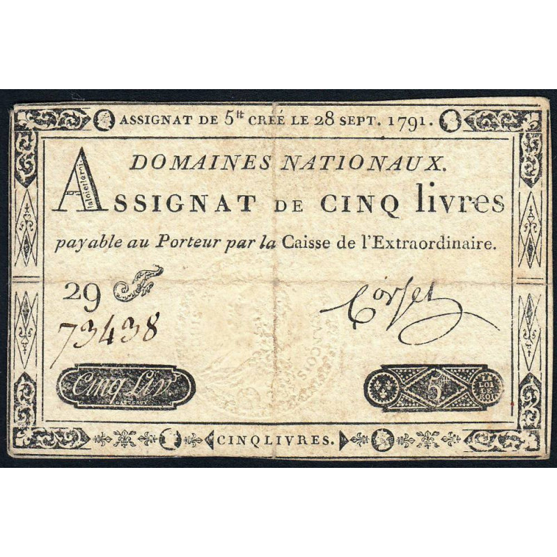 Assignat 19a - 5 livres - 28 septembre 1791 - Série 29F - Etat : TTB