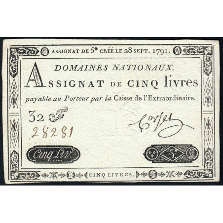 Assignat 19a - 5 livres - 28 septembre 1791 - Etat : SUP+