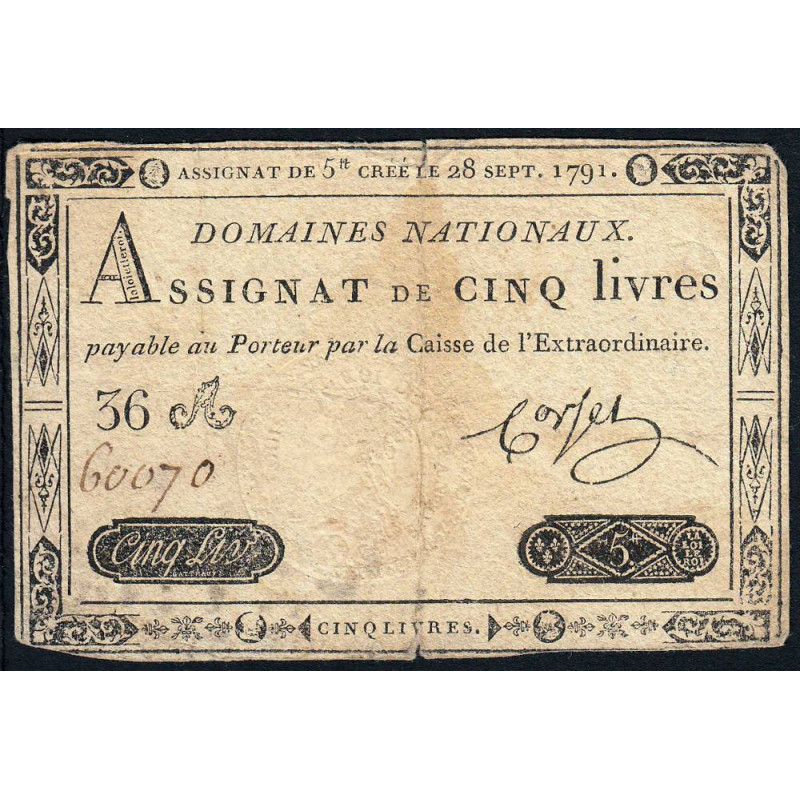 Assignat 19a - 5 livres - 28 septembre 1791 - Série 36A - Etat : TB