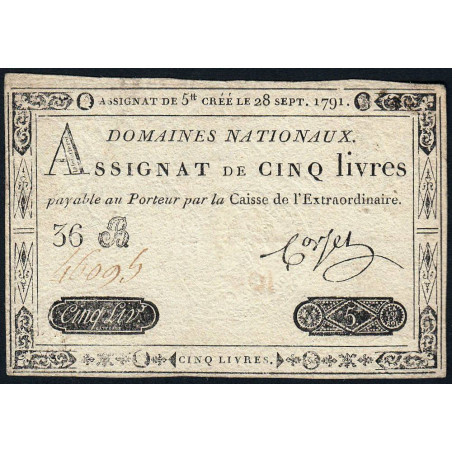 Assignat 19a - 5 livres - 28 septembre 1791 - Etat : TTB-