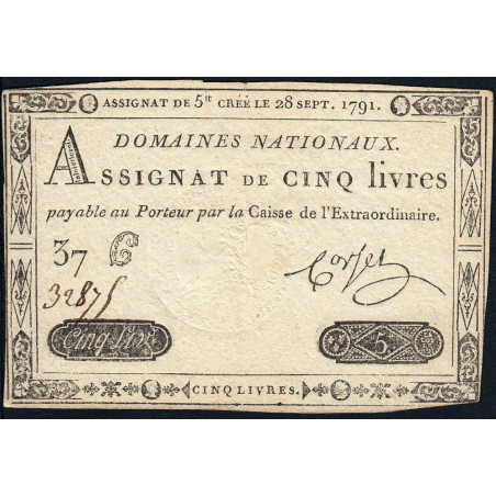 Assignat 19a - 5 livres - 28 septembre 1791 - Etat : TTB