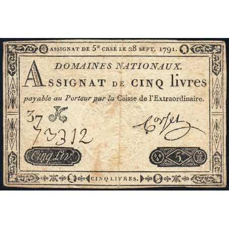 Assignat 19a - 5 livres - 28 septembre 1791 - Etat : TB-