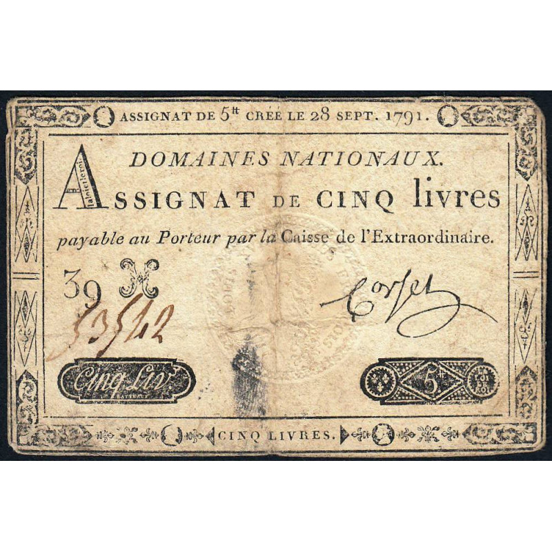 Assignat 19a - 5 livres - 28 septembre 1791 - Série 39H - Etat : B+
