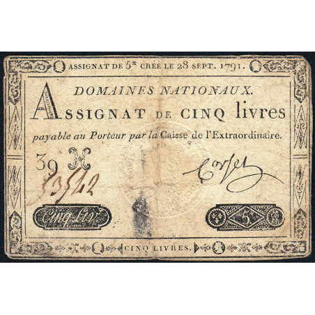 Assignat 19a - 5 livres - 28 septembre 1791 - Etat : B+