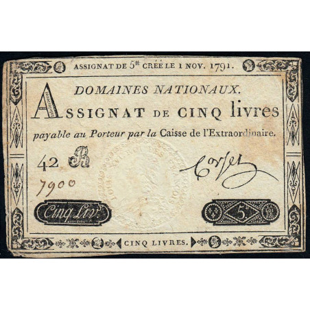 Assignat 20a - 5 livres - 1 novembre 1791 - Etat : TB+