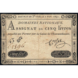 Assignat 20a - 5 livres - 1 novembre 1791 - Etat : TB