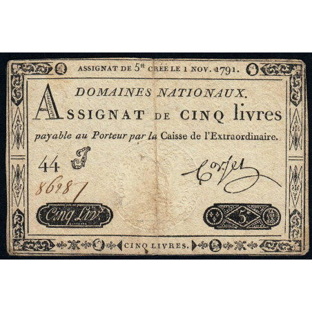 Assignat 20a - 5 livres - 1 novembre 1791 - Etat : TB+