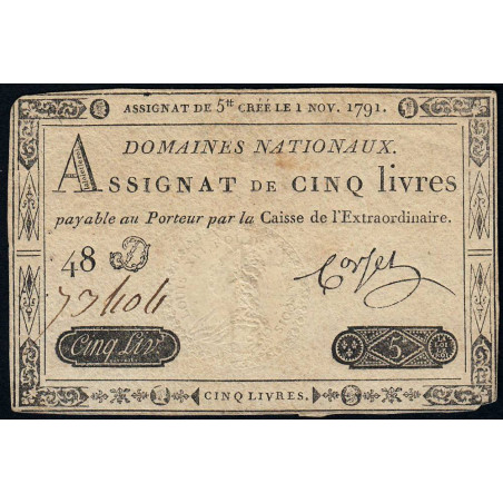 Assignat 20a - 5 livres - 1 novembre 1791 - Etat : TB+