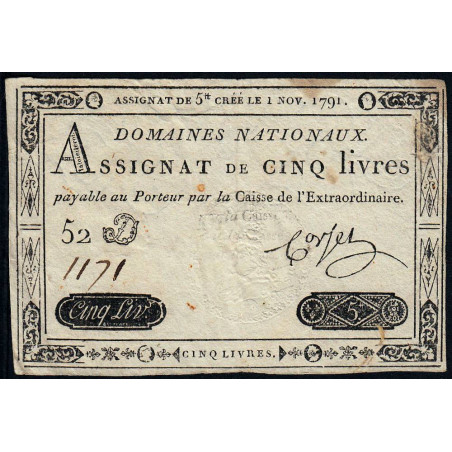 Assignat 20a - 5 livres - 1 novembre 1791 - Etat : TB+