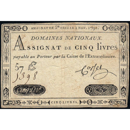 Assignat 20a - 5 livres - 1 novembre 1791 - Etat : TB+