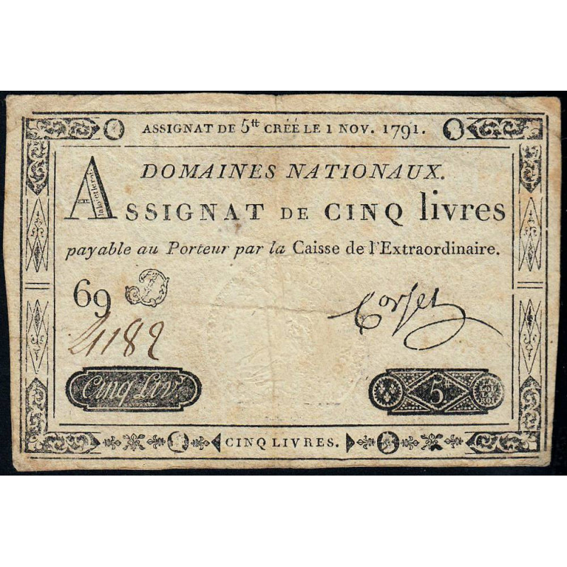 Assignat 20a - 5 livres - 1 novembre 1791 - Série 69D - Etat : TTB-