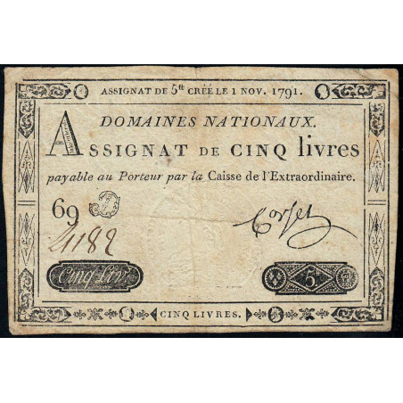 Assignat 20a - 5 livres - 1 novembre 1791 - Etat : TTB-