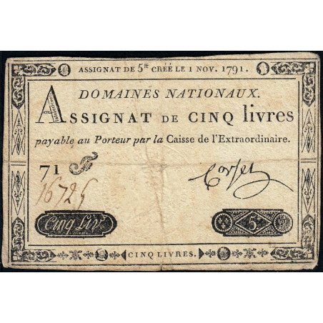 Assignat 20a - 5 livres - 1 novembre 1791 - Etat : TB