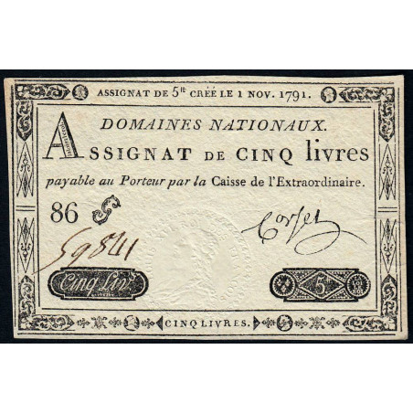 Assignat 20a - 5 livres - 1 novembre 1791 - Etat : pr.NEUF