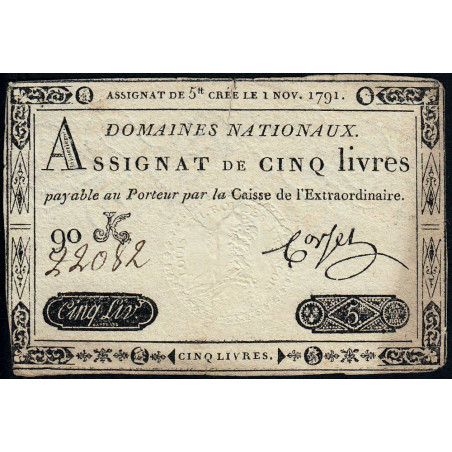 Assignat 20a - 5 livres - 1 novembre 1791 - Etat : TB+