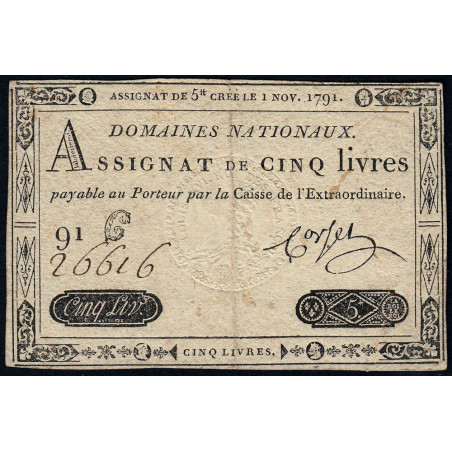 Assignat 20a - 5 livres - 1 novembre 1791 - Etat : TTB-