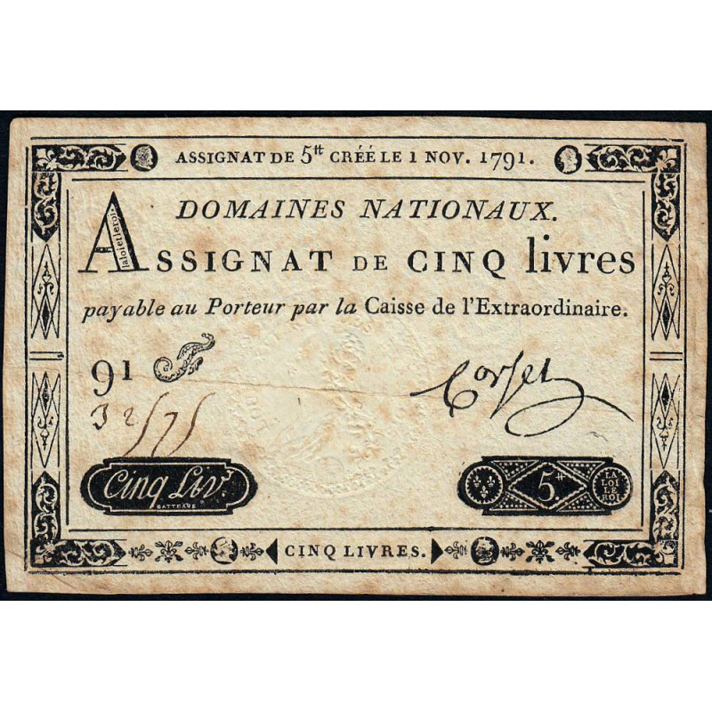 Assignat 20a - 5 livres - 1 novembre 1791 - Série 91F- Etat : TB