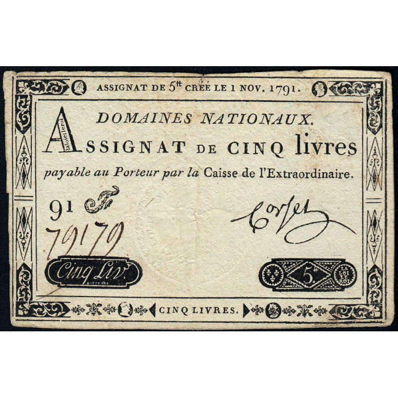 Assignat 20a - 5 livres - 1 novembre 1791 - Etat : TTB-