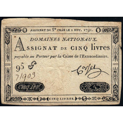 Assignat 20a - 5 livres - 1 novembre 1791 - Etat : TTB-