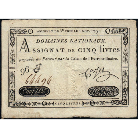 Assignat 20a - 5 livres - 1 novembre 1791 - Etat : TTB+