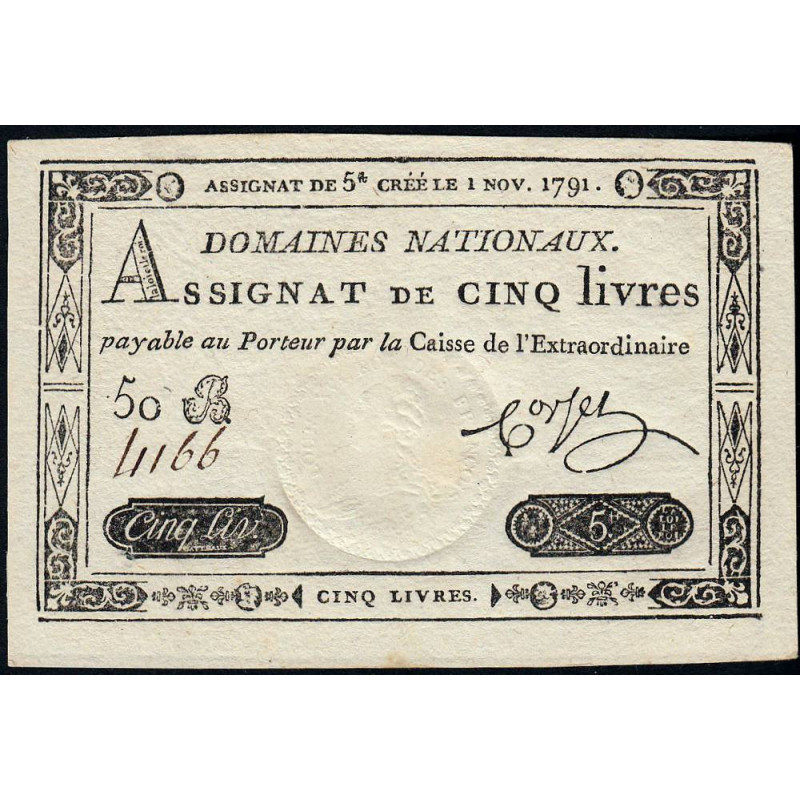 Assignat 20f-19 - Faux 5 livres - 1 novembre 1791 - Série 50B - Etat : SPL