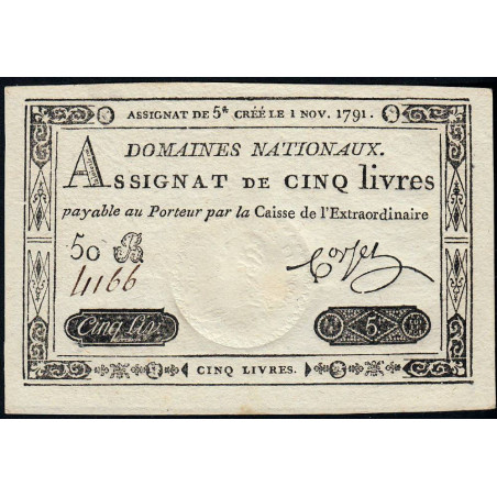 Assignat 20f-19 - Faux 5 livres - 1 novembre 1791 - Série 50 B - Etat : SPL