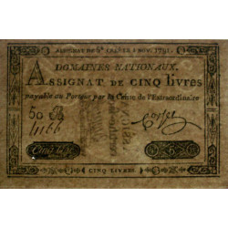 Assignat 20f-19 - Faux 5 livres - 1 novembre 1791 - Série 50 B - Etat : SPL