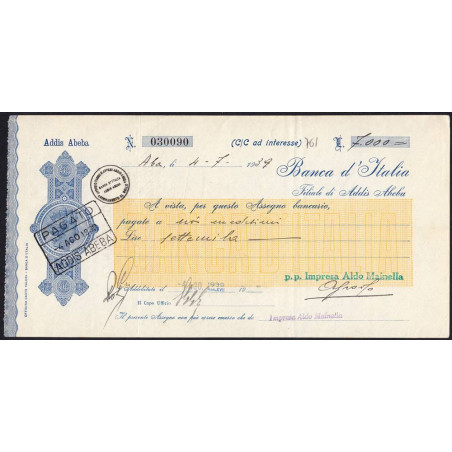 Ethiopie - Occup. italienne - 7000 lire - 04/08/1939 - Etat : SPL