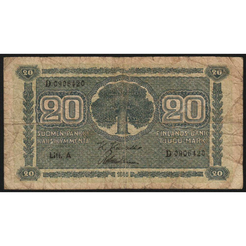 Finlande - Pick 78_1 - 20 markkaa - Litt.A - Série D - 1945 (1946) - Etat : B