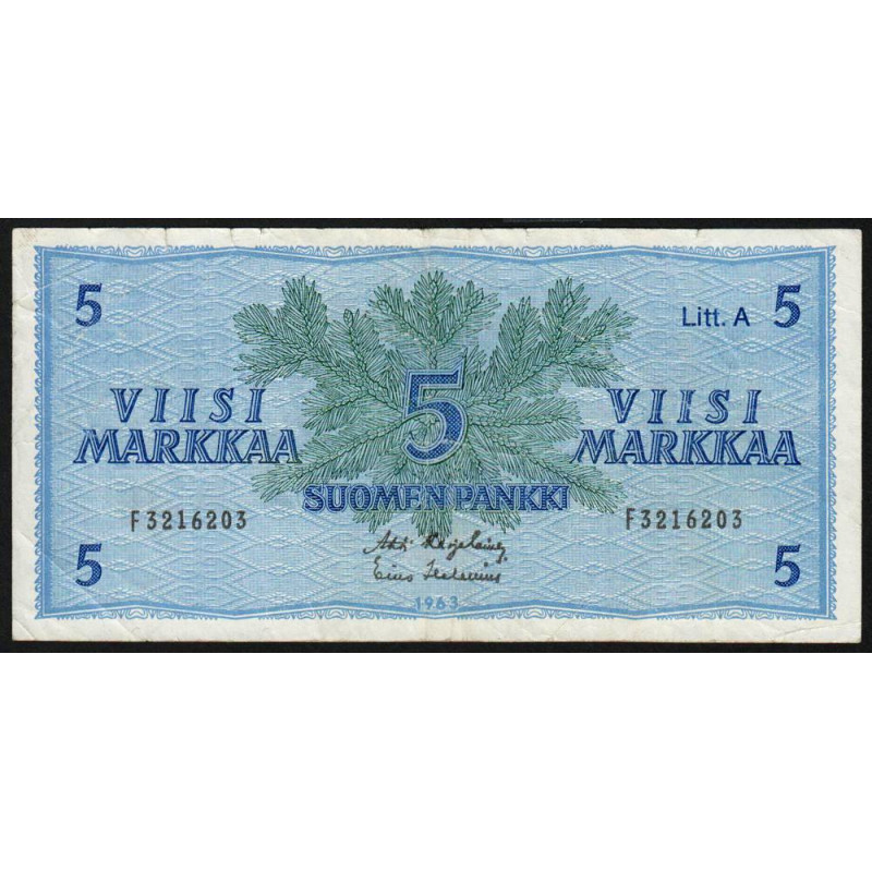 Finlande - Pick 103a_18 - 5 markkaa - Litt. A - Série F - 1963 (1976) - Etat : TB+