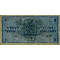 Finlande - Pick 103a_18 - 5 markkaa - Litt. A - Série F - 1963 (1976) - Etat : TB+