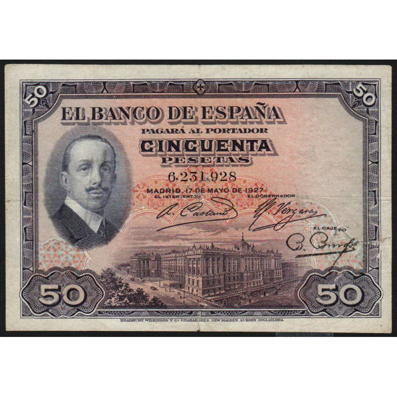 Espagne - Pick 72a - 50 pesetas - 17/05/1927 - Sans série - Etat : TB-