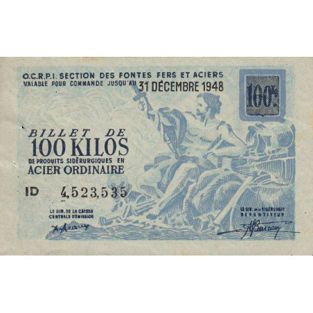 100 kg acier ordinaire - 31/12/1948 - Endossé - Série ID - Etat : TTB+