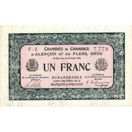 Alençon & Flers (Orne) - Pirot 6-13 - 1 franc - Série F2 - 10/08/1915 - Etat : SUP+