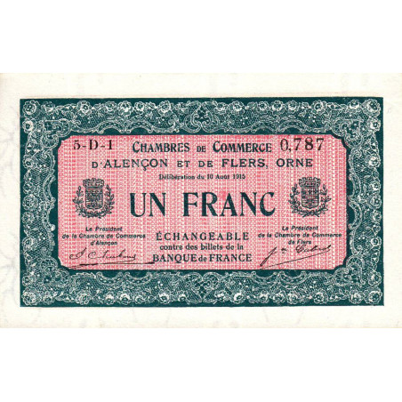 Alençon & Flers (Orne) - Pirot 6-42 - 1 franc - Série 5D1 - 10/08/1915 - Etat : pr.NEUF