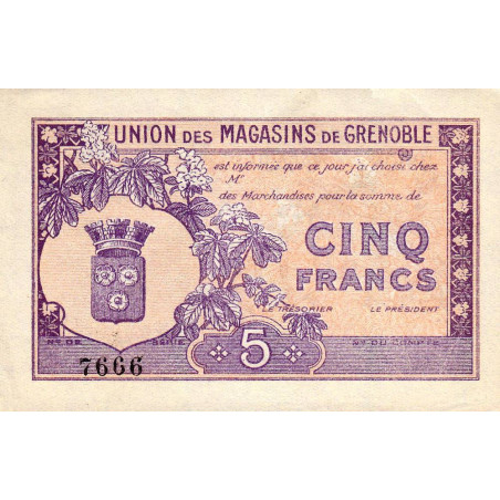 38 - Grenoble - Union des Magasins - 5 francs - 1950 - Etat : SUP