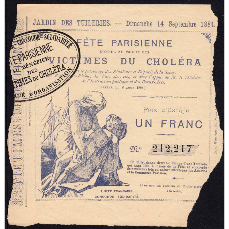 1884 - Fête Parisienne - Loterie - Victimes du Choléra - 1 franc - Etat : TB