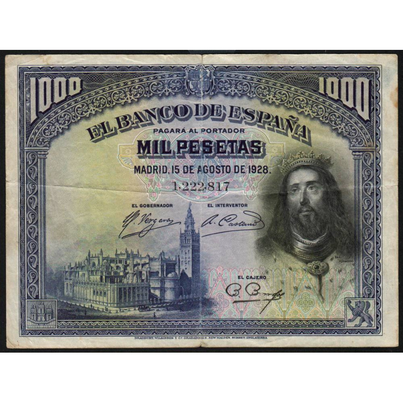 Espagne - Pick 78a - 1'000 pesetas - 15/08/1928 - Sans série - Etat : TB