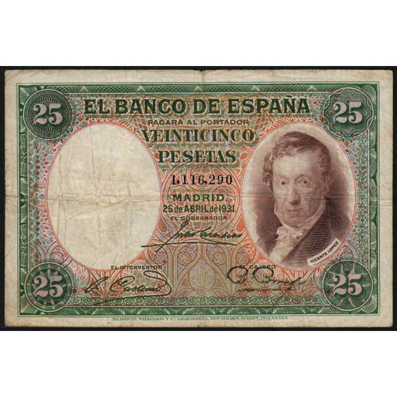 Espagne - Pick 81 - 25 pesetas - 25/04/1931 - Sans série - Etat : TB