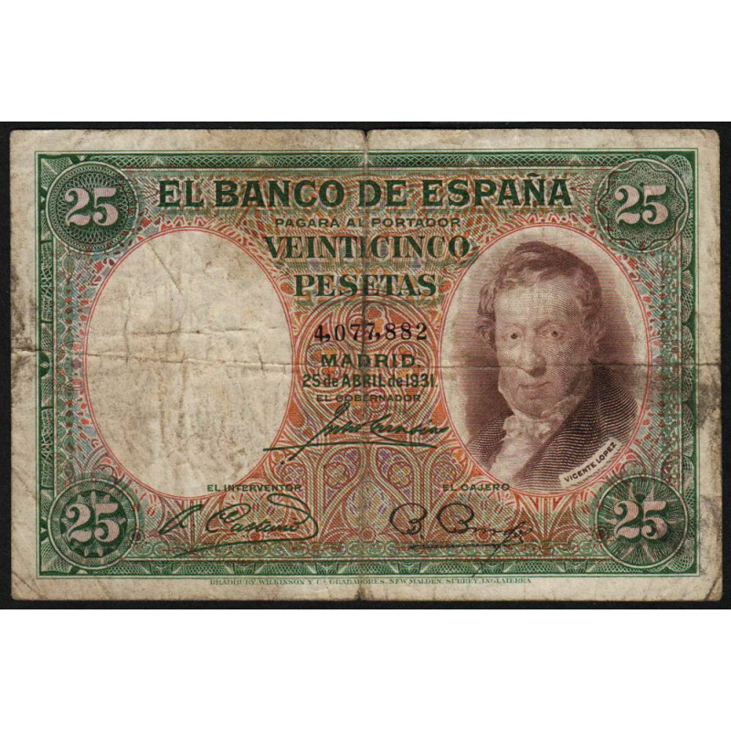 Espagne - Pick 81 - 25 pesetas - 25/04/1931 - Sans série - Etat : B+
